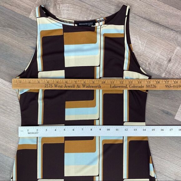 Kenneth Cole Retro Print Sleeveless Sheath Dress Brown Multi Small - Picture 10 of 11